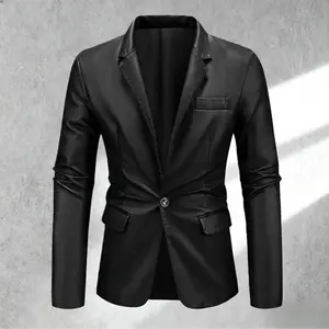 A black leather single button men's suit, featuring a lightweight business style, with delicate and high quality leather fabric, a simple and elegant single button design, sophisticated lapel and pocket details, a slim fit that enhances the body shape and