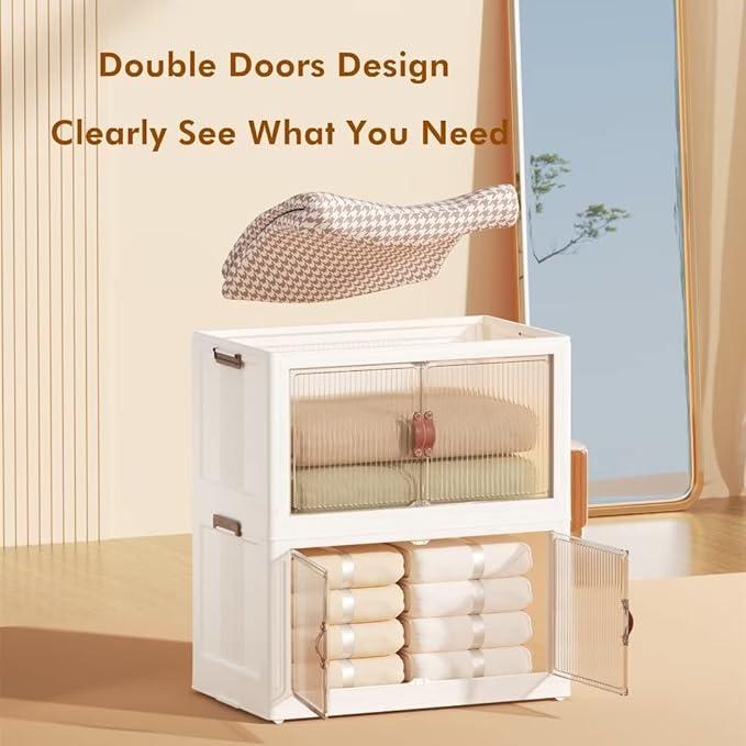 Foldable Storage Box with Lid - Stackable Holders for Kitchen Bedroom Bathroom Warehouse - Cream White - 3 Capacity Options