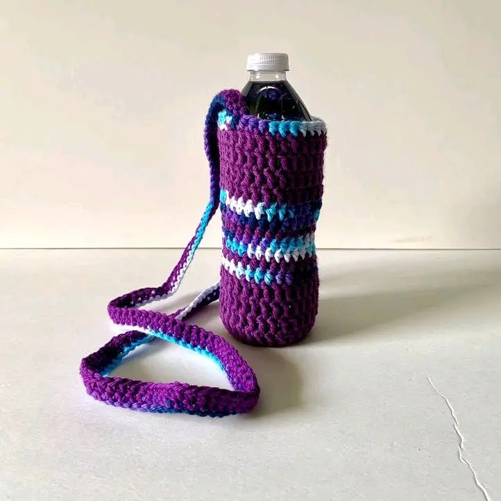 Crochet Bottle Cozy with Strap - Purple and Blue Striped Design for Easy Carrying