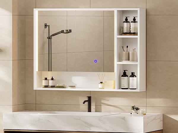 Hasuit | Lighted Medicine Cabinet with Mirror and Open Storage Modern Bathroom Cabinet with Adjustable Shelves