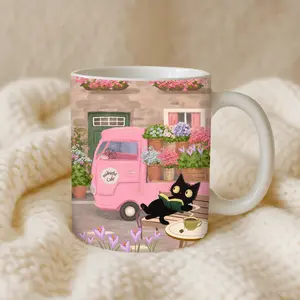 Black Cat Coffee Mug | Cute Cat Lover Mug | Spring Flower Cafe Mug | Kawaii Cat Mug | Cozy Cat Cup | Gift for Cat Mom