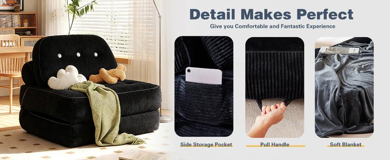 【Valentine’s Day Gift】 63.77" Boneless Foldable Sofa Bed by Neslako, Cloud Couch Sleeper Sofa with High Resilience Memory Foam, Removable Corduroy Cover, One Touch Folding Design, No Assembly