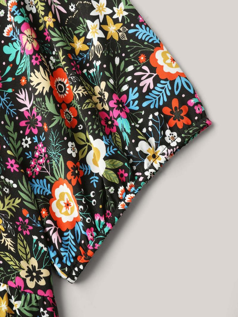 BLOOMCHIC Floral Square Neck Fitted Blouse Short Sleeve Lantern Summer Boho Top for Women Blackflower Turquoise 100% Polyester Shirts Shortsleeve Womenswear Bohemian Casual Button Down