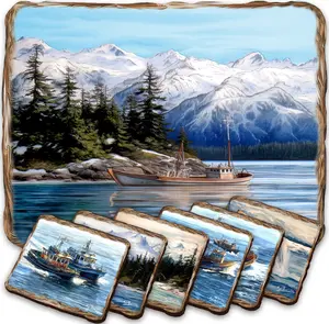 Fishing Boats Wooden Cork Placemat and Coasters Gift Set of 7 by Nature Wonders Coastal Wildlife Decor  - 85405C-S7