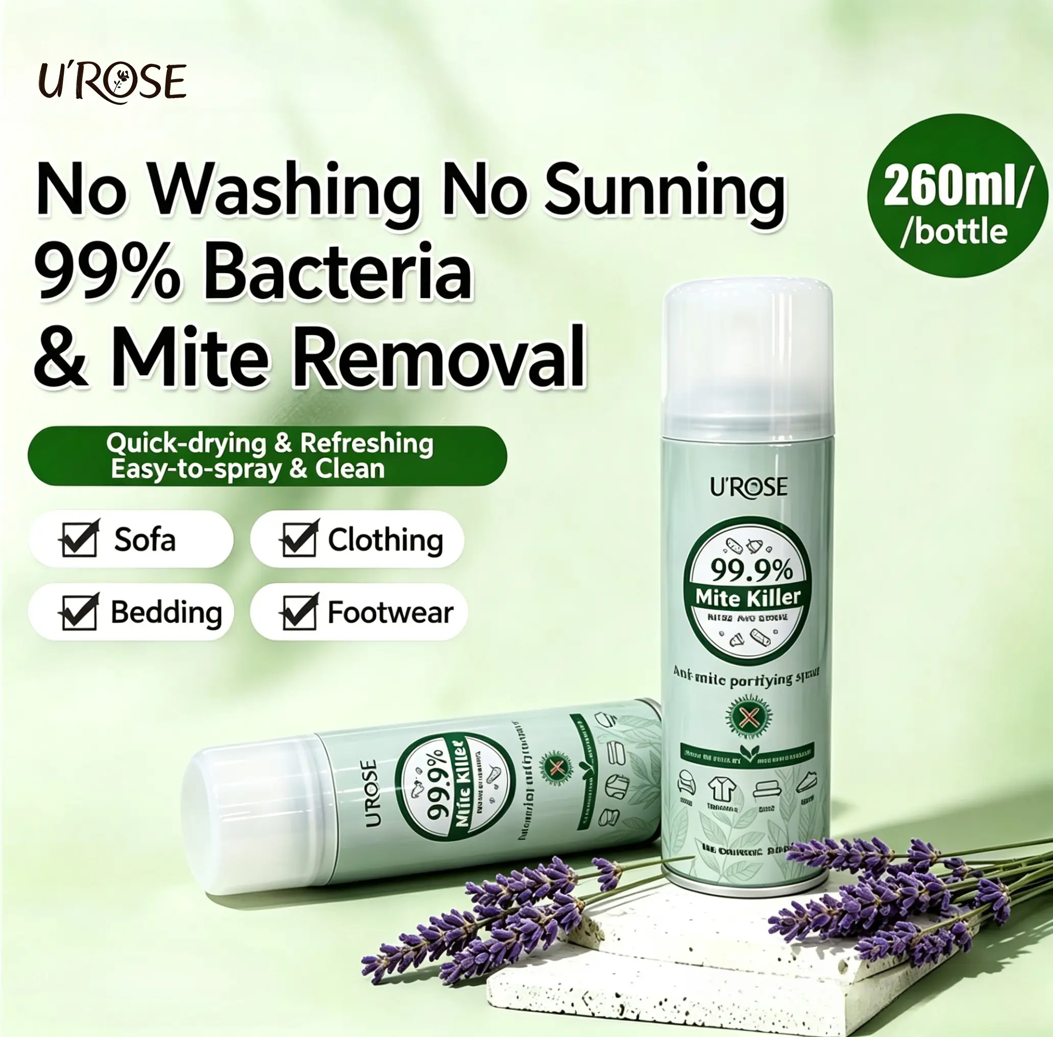 [UROSE] 100% Powerful Mite Removal Spray, No Rinse, No Sun Drying, Indoor Disinfection, Suitable for Dormitories, Pets, Pregnant Women and Babies, Multipurpose, Lavender Scent,dorm essentials,home essentials