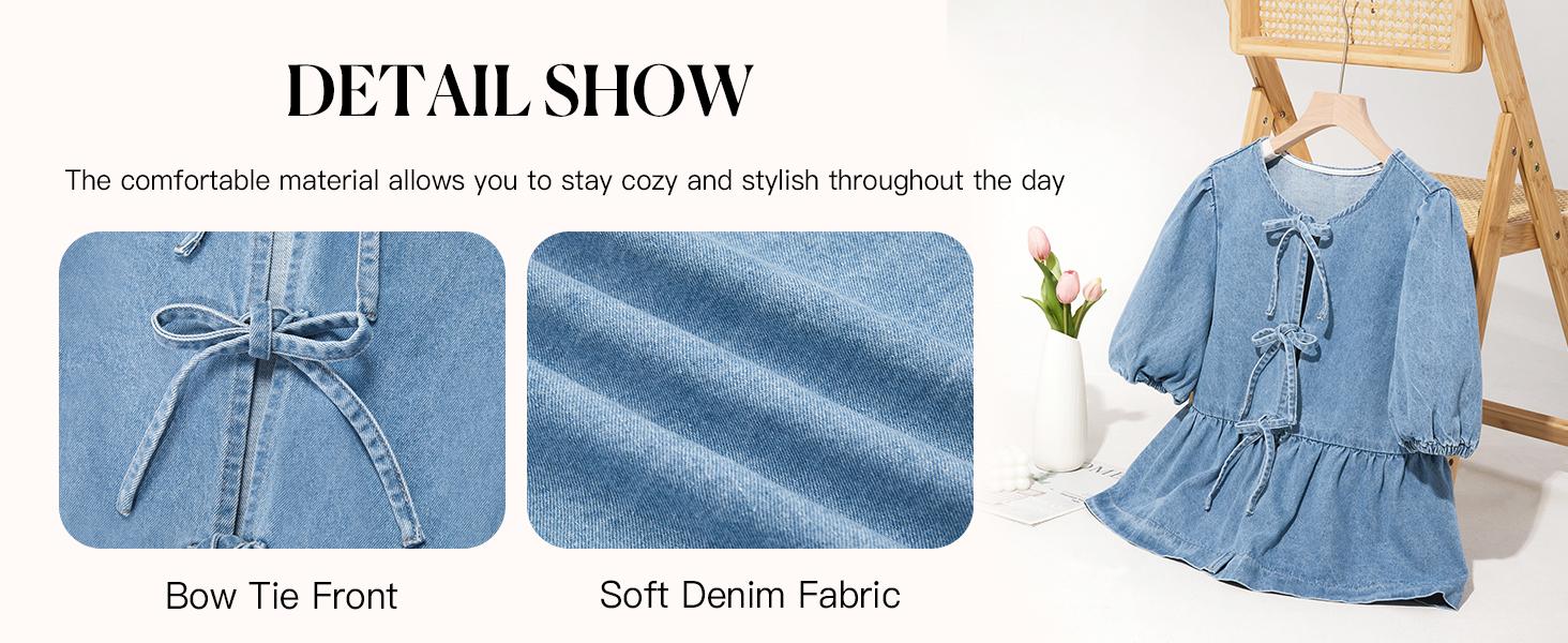 【New】Tankaneo Denim Baby doll Top with Puff Sleeves & Bow Tie Front Blouse for Women Casual Summer cowgirlstyle country concert outfits 【New】Tankaneo Denim Baby doll Top with Puff Sleeves & Bow Tie Front Blouse for Women Casual Summer cowgirlstyle country concert outfits