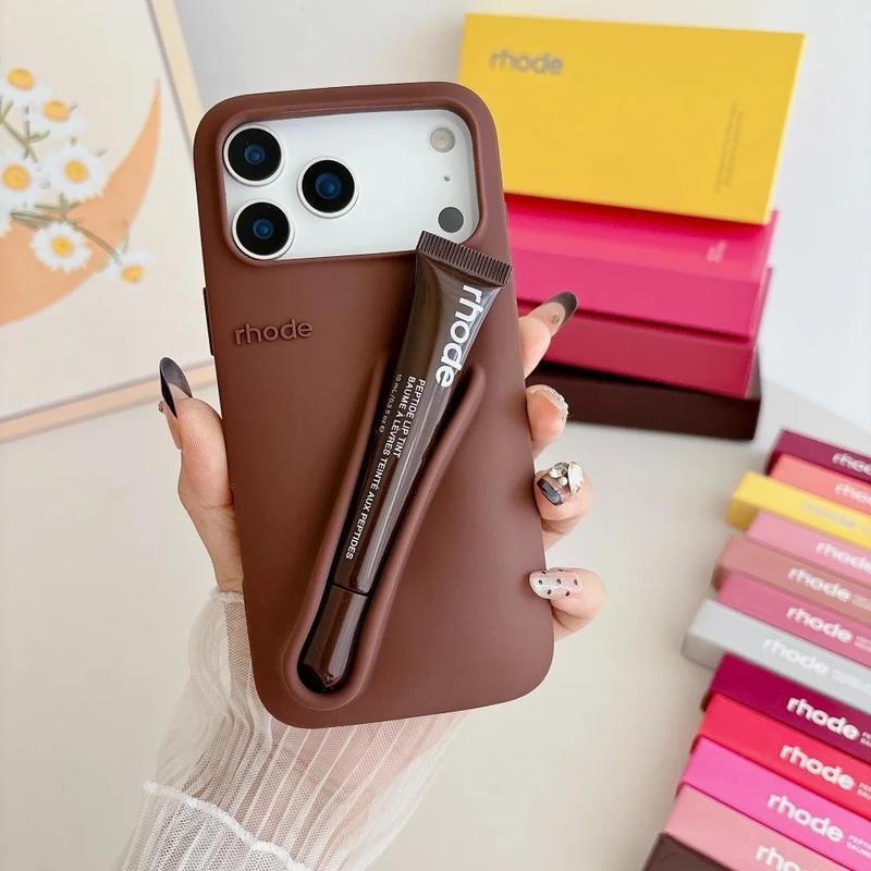 Rhode Cute Makeup Aesthetic Phone Case with Built-In Lip Balm Holder for iPhone 11 12 13 14 15 16 17, Shockproof Protective Back Cover, Stylish Beauty Phone Accessory for Women and Daily Carry