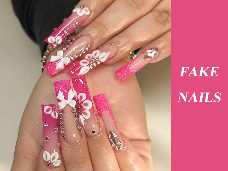24 pcs Press on Nails - Long Square Glue on Nails with Hot Pink, Acrylic Bling Glitter Rhinestone Design