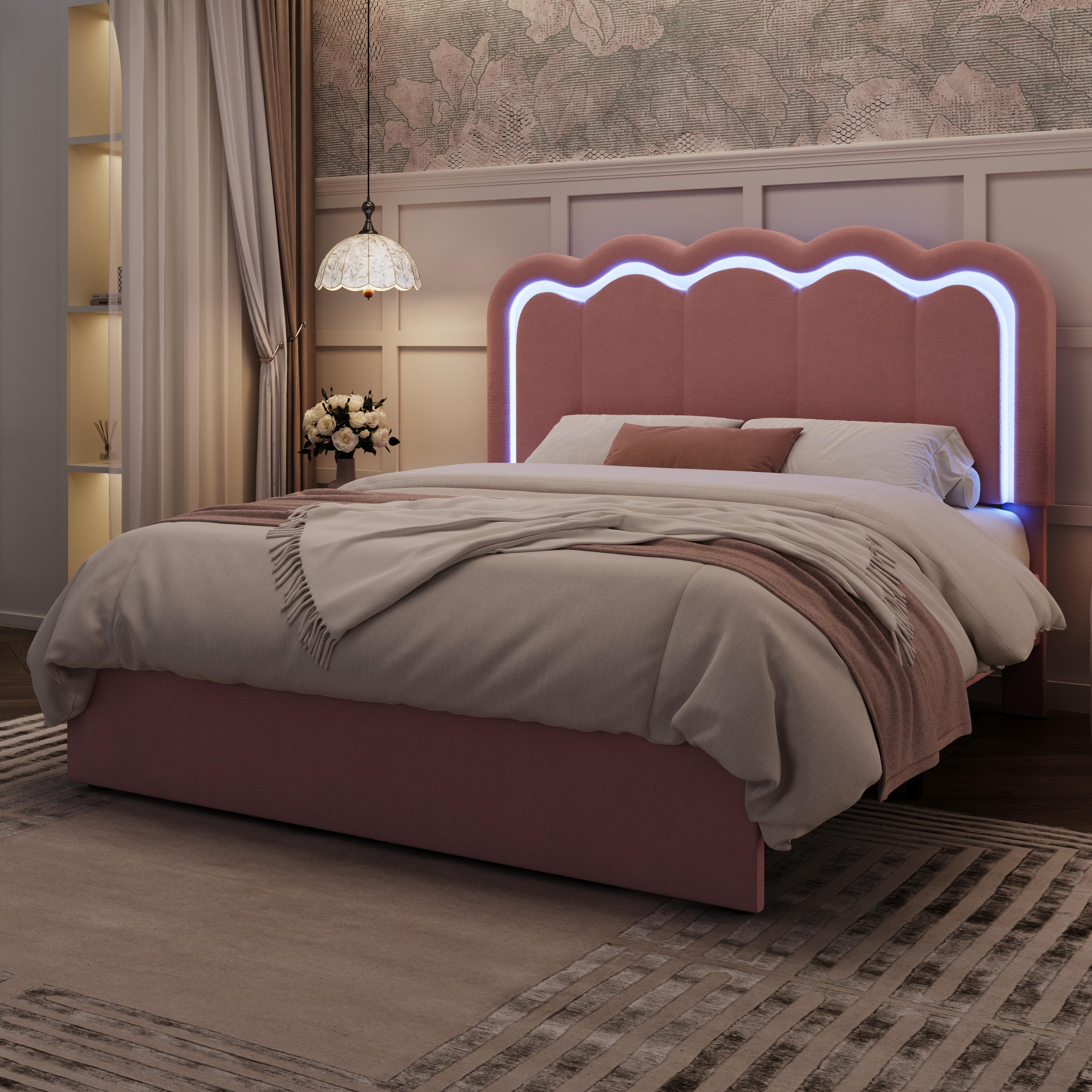 MUTIOCR Velvet Upholstered Bed Frame with Smart LED Lights Large Storage Drawer Adjustable Wavy Headboard No Box Spring Needed Twin Full Queen Sizes White Black Cream Pink