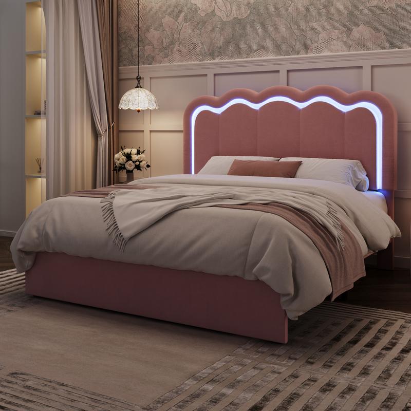 MUTIOCR Velvet Upholstered Bed Frame with Smart LED Lights Large Storage Drawer Adjustable Wavy Headboard No Box Spring Needed Twin Full Queen Sizes White Black Cream Pink