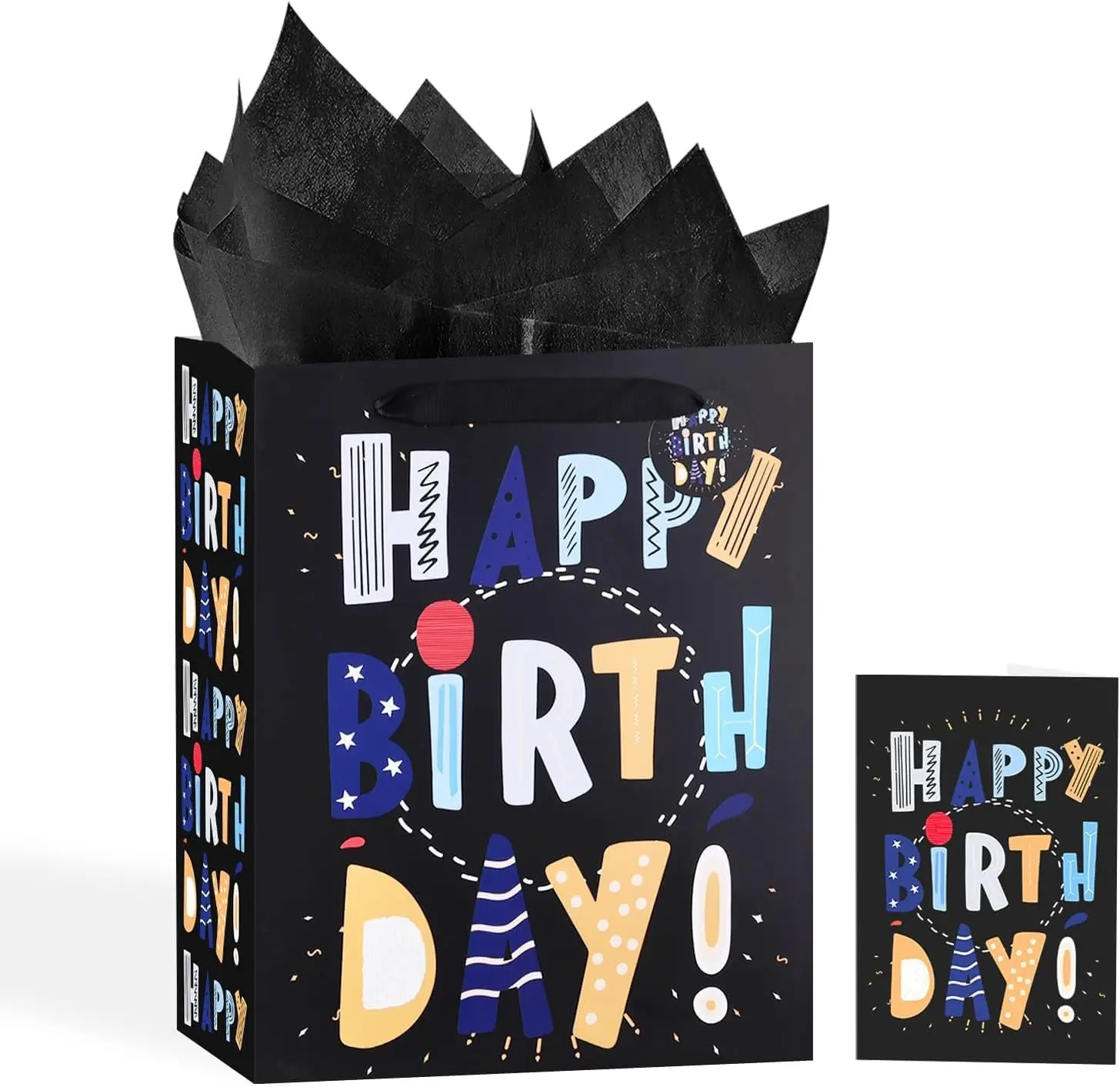 13" Black Happy Birthday Bag with Tissue Paper and Greeting Card for Party,Happy Birthday Gift Bag for Boys, Kids, Men,Gift Bags Medium size (1 PCS Black, Gift Bag)