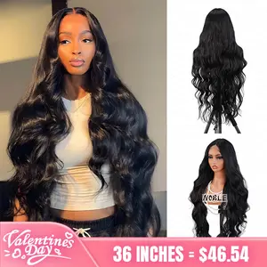 Noble 36 Inch Body Wave T Lace Front Wig Synthetic Hair Wig for Women High Quality Comfortable Wig Cap Natural Black Color Long Thin Hair