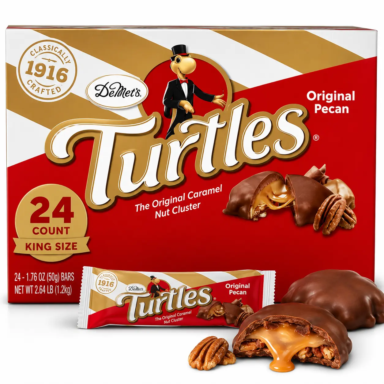 Turtles Original Pecan & Caramel Cluster King Size Bars 1.76 oz 24 Count  Chocolate, Caramel & Pecan Candy Bars | Individually Wrapped Treats