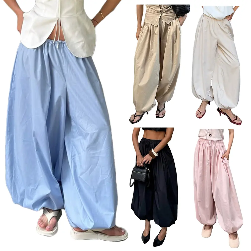 Arssm Balloon Pants for Women Baggy Pleated Wide Leg Pants Elastic Waist Summer Casual Harem Pants