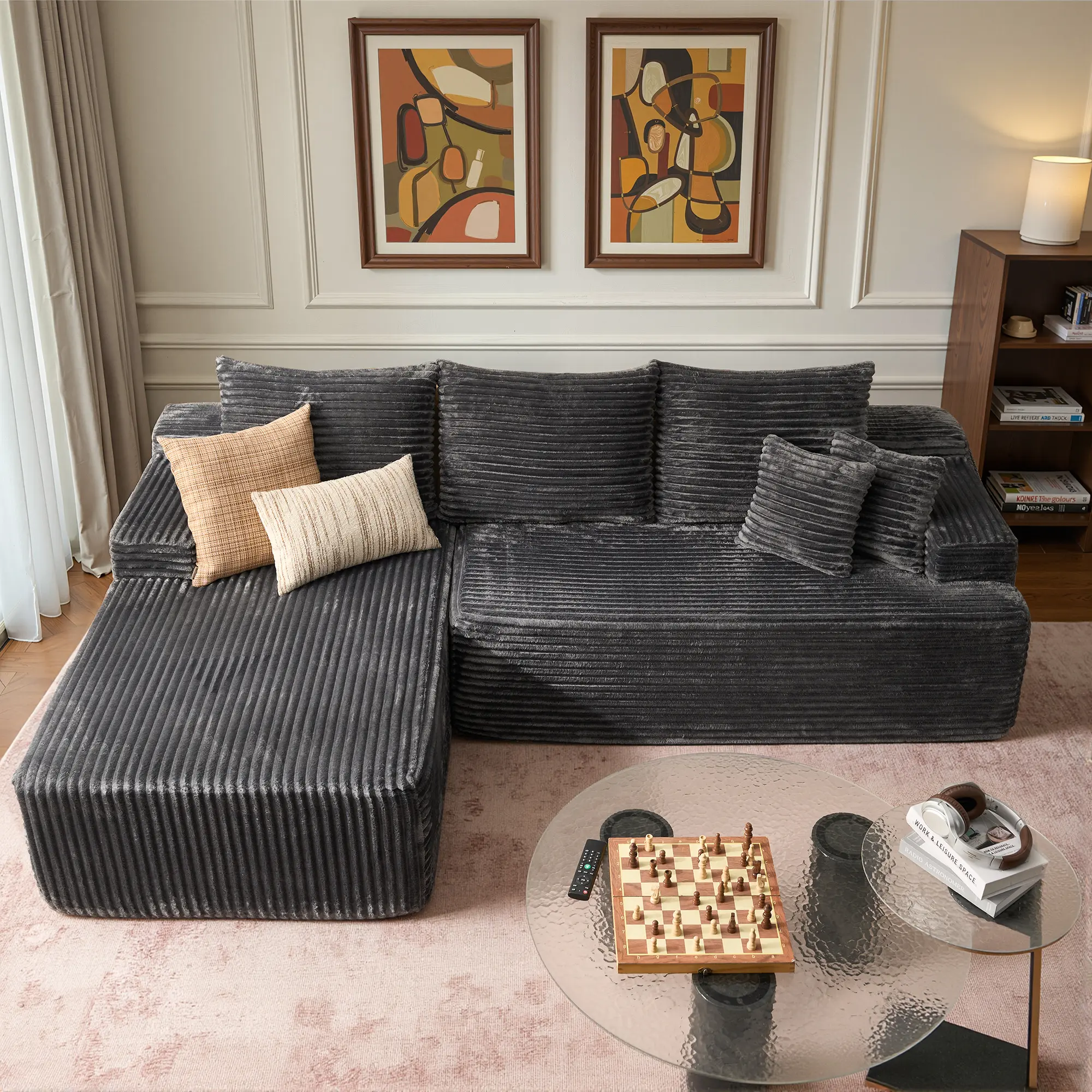 96“ Grey Plush Corduroy Left Chaise