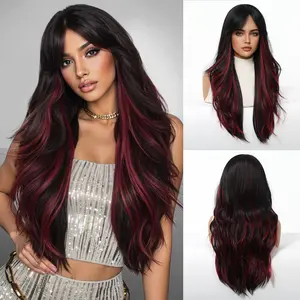 Synthetic Full Machine Wig - 26 Inch Face-Framing Curtain Bangs Long Wavy Trendy Colored for Party Use
