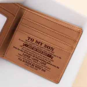 Men's Engraved Leather Wallet for Son - Genuine Cowhide, 2-Fold Structure, Warm Tan Brown, Personal Message, Perfect Christmas Gift, Birthday, Black Friday