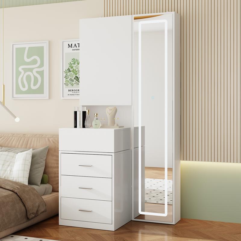 FUFU&GAGA Pink/White/Black Makeup Vanity Desk with Full-length Mirror & 3-Colors Adjustable Lights, 3 Drawers, Sliding Tabletop, Engineered Wood, Generous Storage Capacity