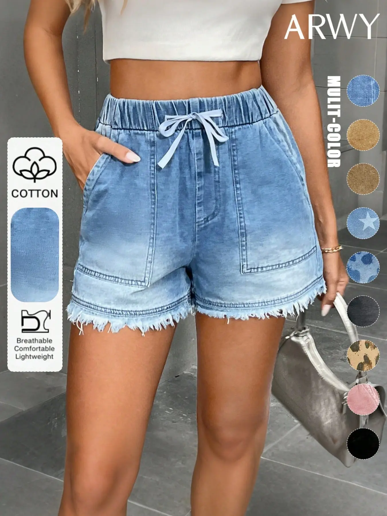 Women's Basic Casual Loose Light Wash Denim Shorts with Adjustable Drawstring, Lightweight Breathable Casual Comfy Shorts with Plain Fitted Design for Summer Beach, Travel & Daily Wear