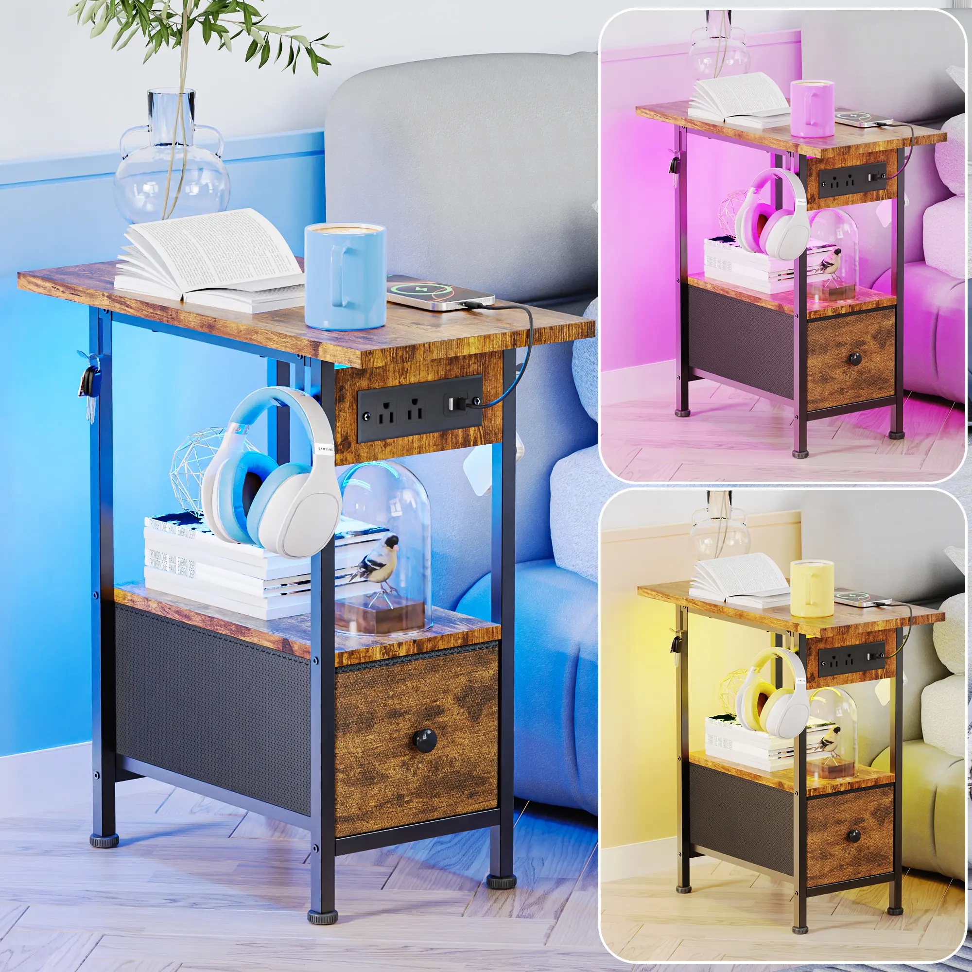 Modern Accent End Table (Modern Accent Tables) - Indoor-Outdoor, 23.6"x11.8"x24" Compact Nightstand with Charging Station, USB Port, Drawer, Open Shelf, Metal Frame, Sturdy Construction for Small Spaces, Bedroom