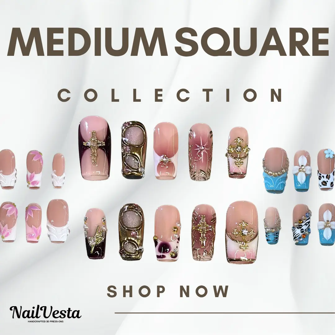 NailVesta MEDIUM SQUARE COLLECTION – 100% Handcrafted 3D Press-On Nails | Reusable, Long-Lasting, Salon-Quality