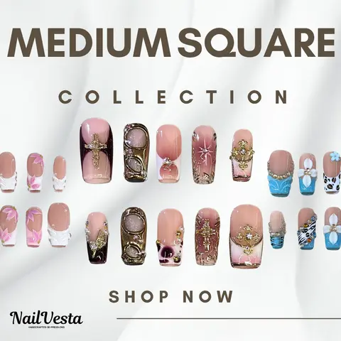NailVesta MEDIUM SQUARE COLLECTION – 100% Handcrafted 3D Press-On Nails | Reusable, Long-Lasting, Salon-Quality