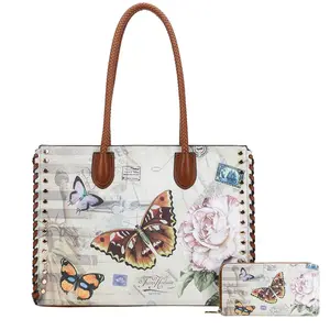 Vintage Butterfly Floral Tote Bag for Women Large PU Leather Shoulder Handbag with Stud Details & Zipper Closure Elegant Design Practical Spacious Secure Closure Perfect for Everyday Use