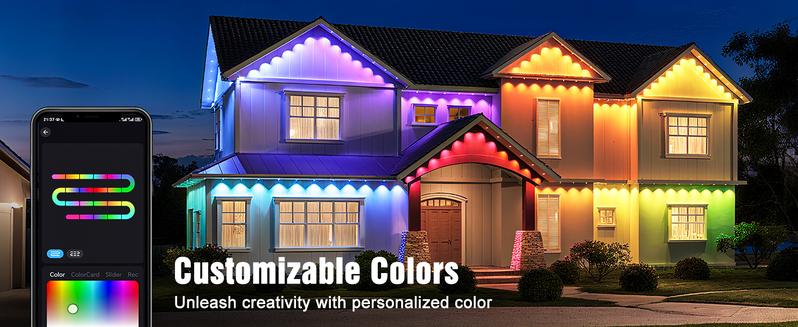 Smart RGB Permanent Outdoor Lights for House 100FT/200FT RGB+IC Eave Lights with DIY Color IP67 Waterproof App & Remote Control 72 Scene Modes for Christmas Holiday & Daily Decor