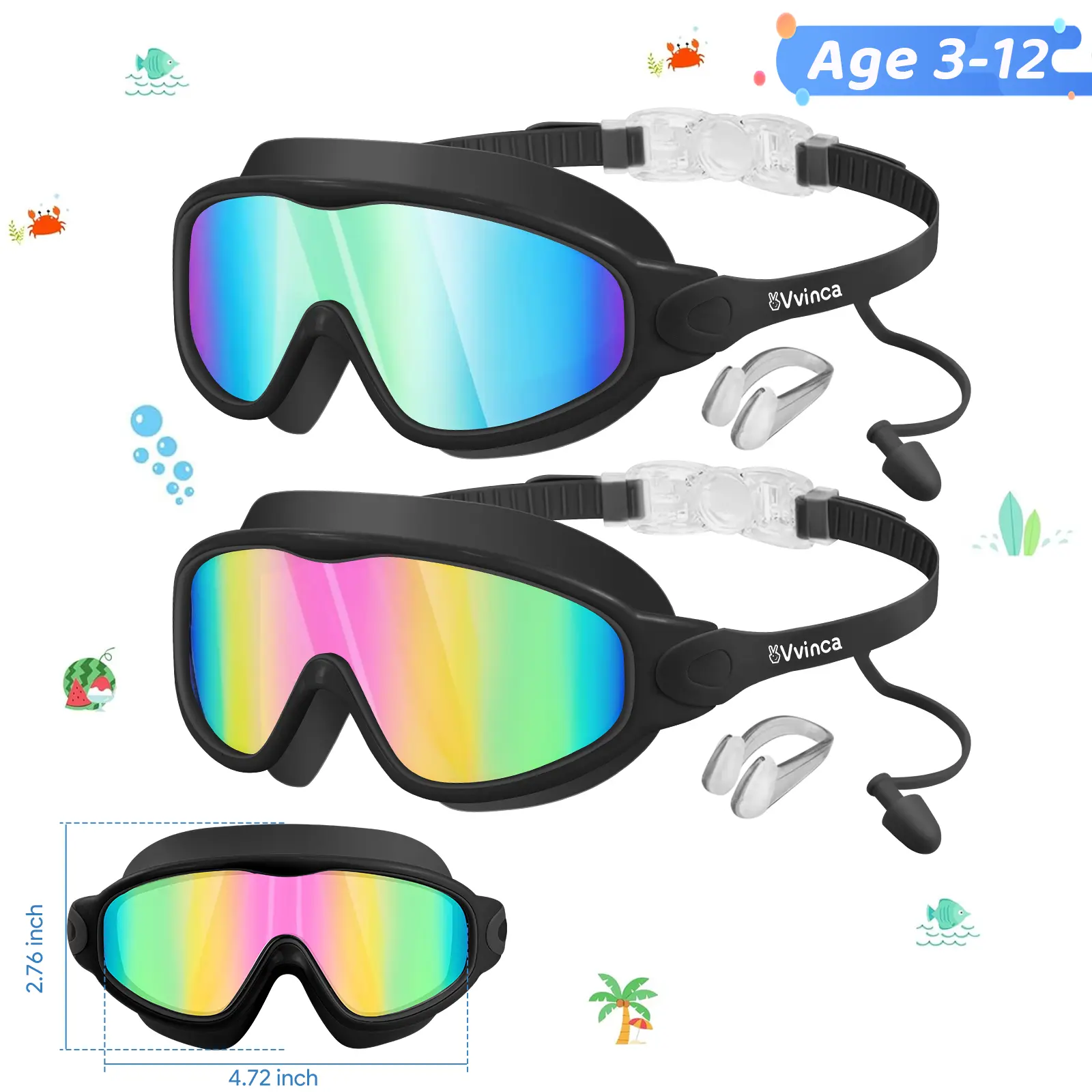[BackToSchool] Vvinca Kids Swim Goggles for Ages 3-12+ Kids,Youth,UV Protection Anti-Fog Wide View Waterproof Goggles for Boys and Girls - Safety anti-uv swimming goggles swim glass anti-fog  with Earplugs & Nose Clip,for Lake,Beach, Summer Party