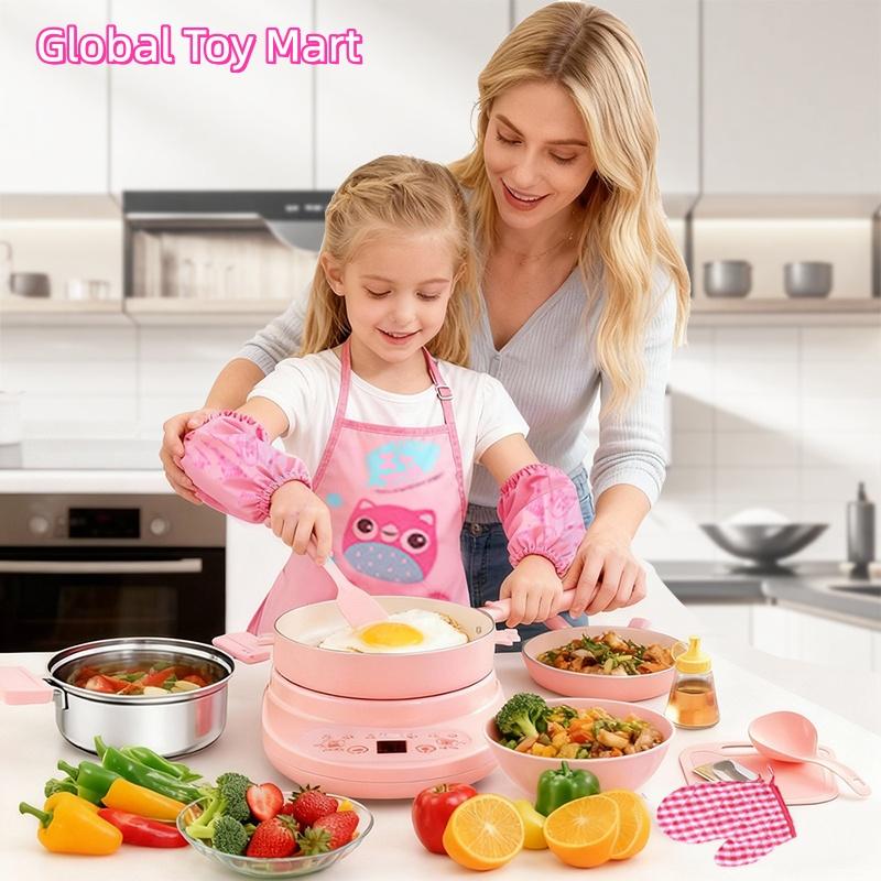 Children's Cooking Set - Safe Mini Kitchen with Induction Cooker, 14-Piece Dishware, Utensils, & Anti-Scald Rack for Toddlers, Montessori-Inspired Toy for Girls & Boys Ages 8-12