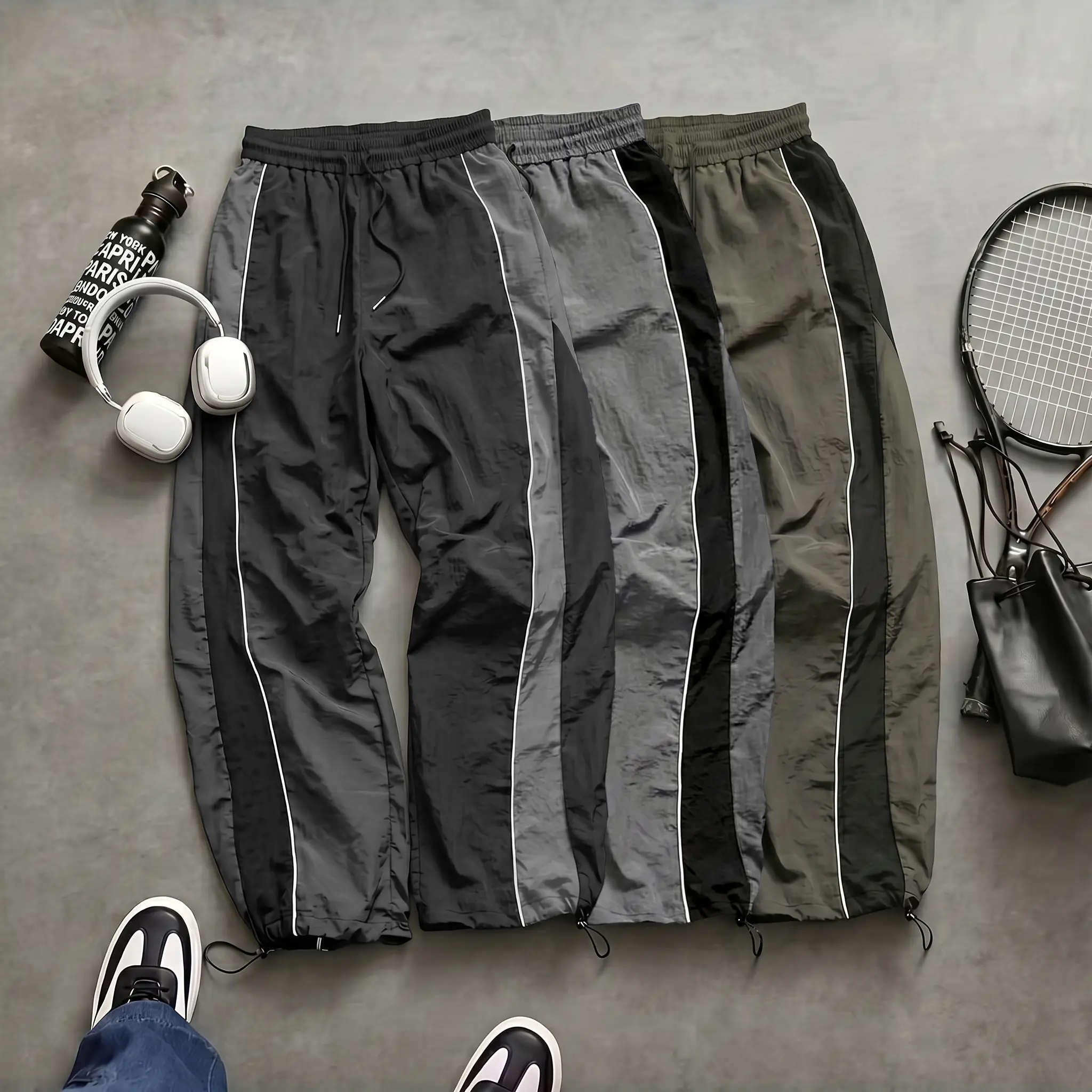 3-Pack Athletic Pants with Side Stripes and Colorblock Design – Lightweight, Quick-Dry, Drawstring Cuffs, Wide-Leg, Two-Way Wear, Paratrooper Style Functional Pants
