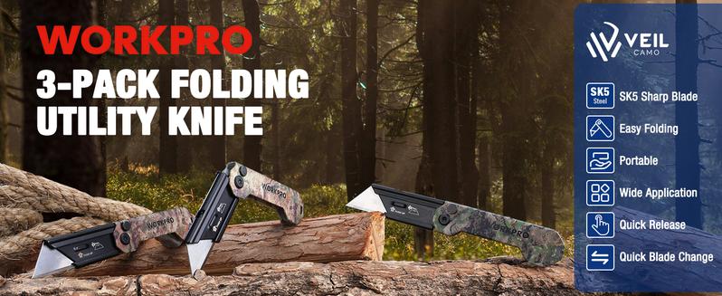 #JumpstartSale WORKPRO 3-Pack Folding Utility Knife, Quick Change Blades Box Cutter, EDC Foldable Pocket Utility Knife Sets with Belt Clip