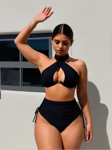 JWomen's High Waisted Bikini Set Tummy Control Ruched Swimsuit Sexy Criss Cross Halter Keyhole Top 2 Piece Bathing Suit Drawstring Side Bottoms Slimming Black Beachwear Summer Vacation 2026