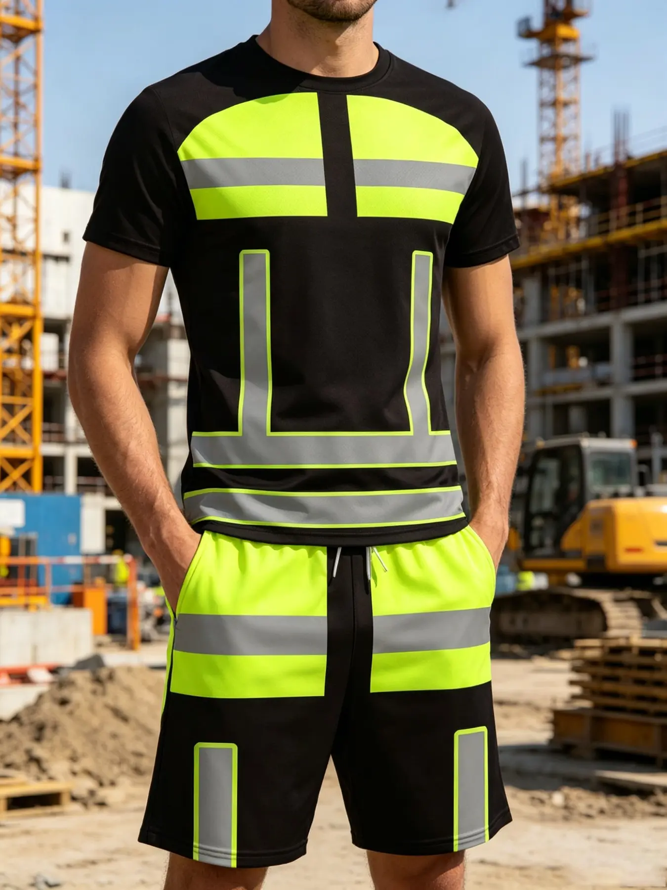 Men's Summer Safety Workwear Uniforms Set, Breathable Fluorescent Short Sleeve Shorts Two-Piece Kit, Pockets, Drawstring Waist, Gift Idea