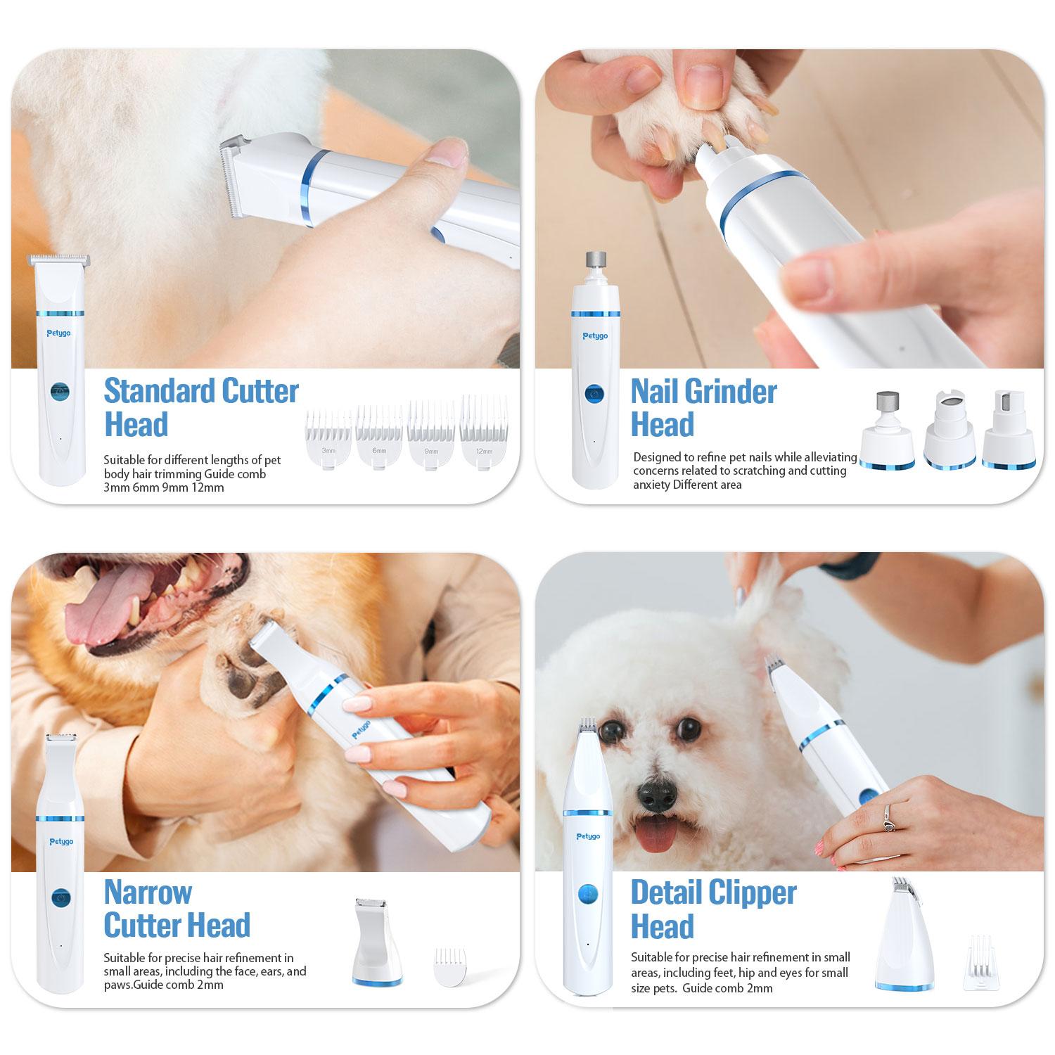 Petygo 4-in-1 Dog Grooming Kit with Nail Grinder & Dog Paw Trimmer, Low-Noise Rechargeable Cordless Electric Set for Dogs, Cats & Paw Pets