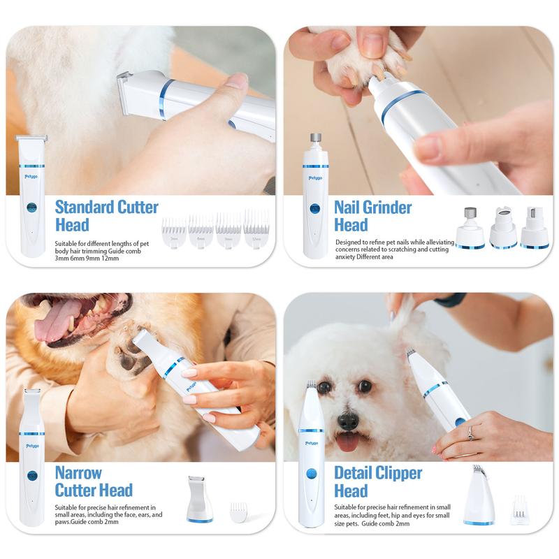 Petygo 4-in-1 Dog Grooming Kit with Nail Grinder & Dog Paw Trimmer, Low-Noise Rechargeable Cordless Electric Set for Dogs, Cats & Paw Pets