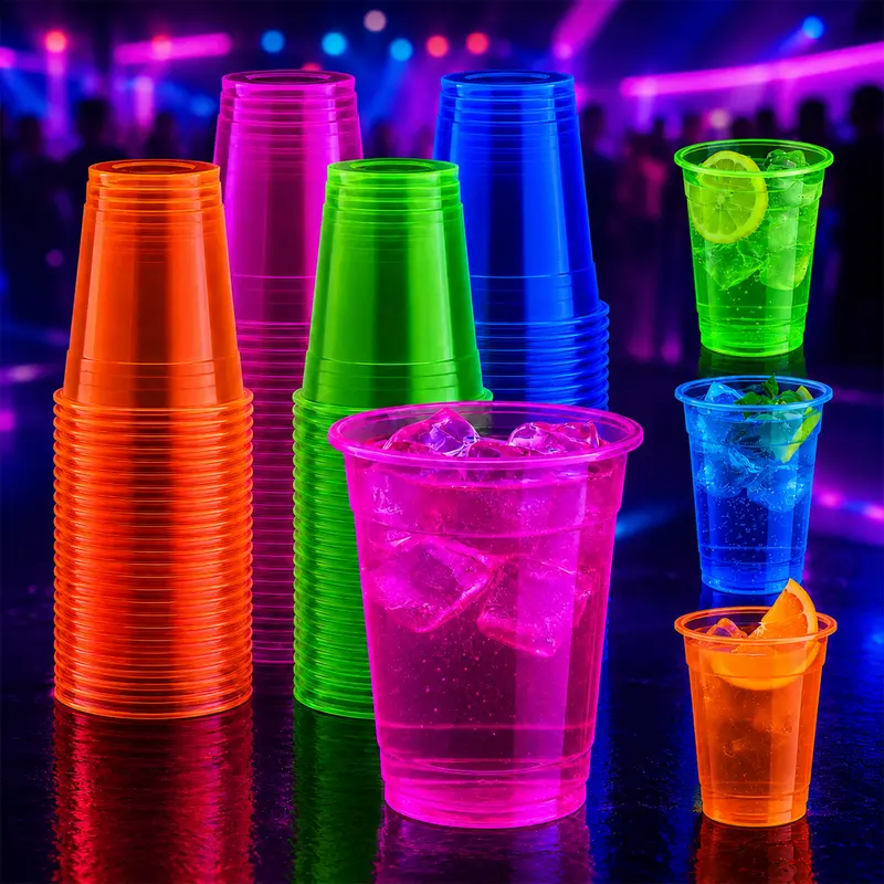 100 Pcs Disposable Polypropylene Cups - 12oz/16oz Bulk UV Fluorescent Neon Glow in the Dark Blacklight Cups for Cold Drinks, Juices - Restaurant Party  Halloween Parties Chrismas Decor# party tableware# party supplie# party items# funny halloween