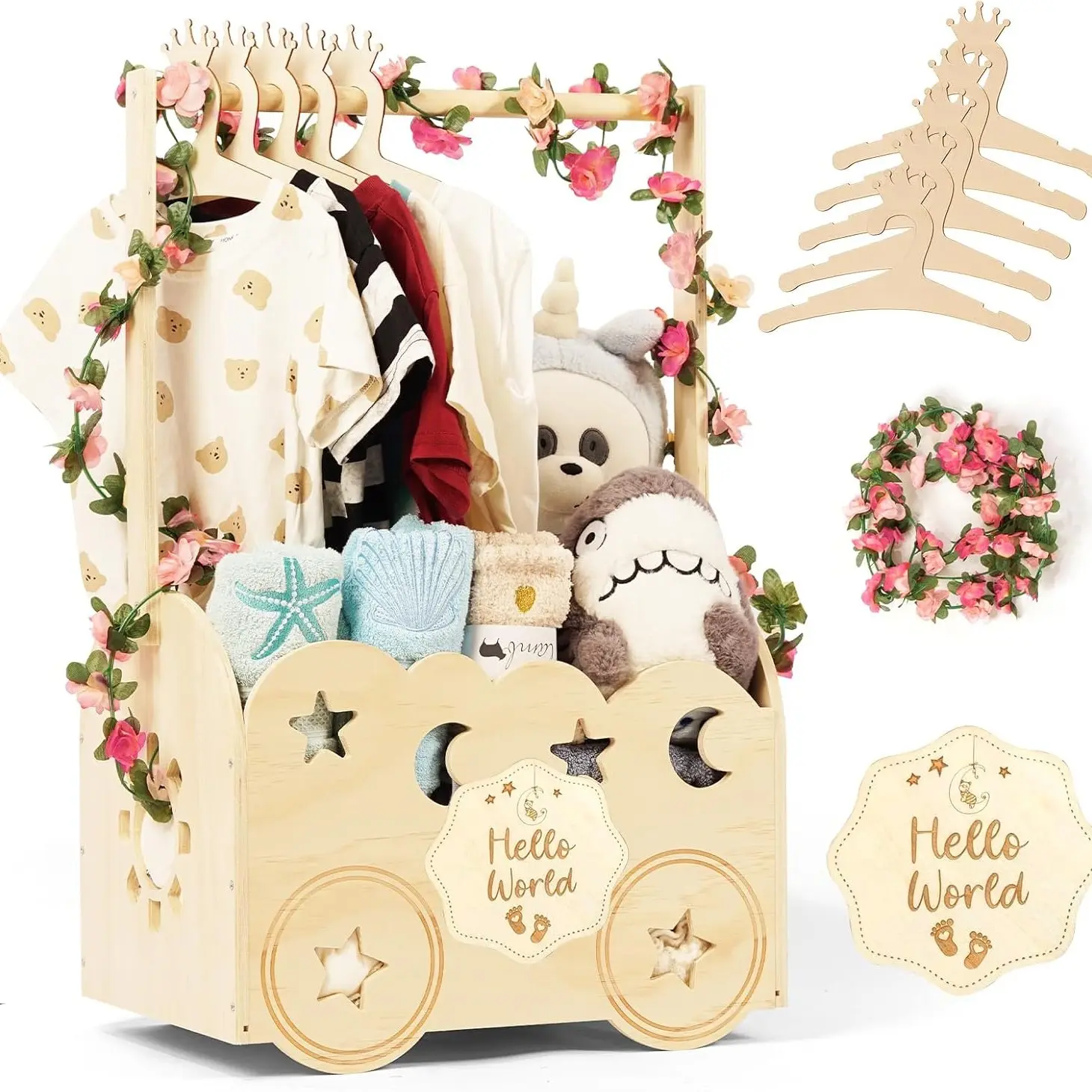 Wooden Baby Shower Basket with Hanger Rack, Decorative Storage Basket, nursery baskets, baby shower storage, Newborn Essentials Organizer, Welcome Gift Basket, Pregnancy Gifts, Halloween, Christmas, New Year