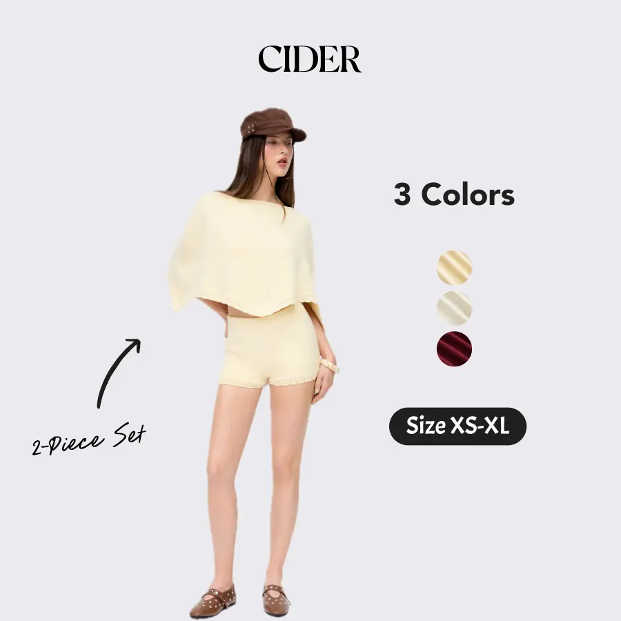 Cider 2-Piece Set Knit Boat Neck Cloak Top & Lettuce Trim Shorts Set Casual Womenswear SohoChic