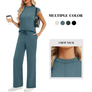 Casly Lamiit Women's 2 Piece Lounge Sets 2026 Casual Mock Neck Cap Sleeve Top & Wide Leg Pants Soft Fabric Travel Airport Outfits Multiple Color Crew Neck - Clothes, Womenswear, Minimalist, Basic,summervibes outdoorfun
