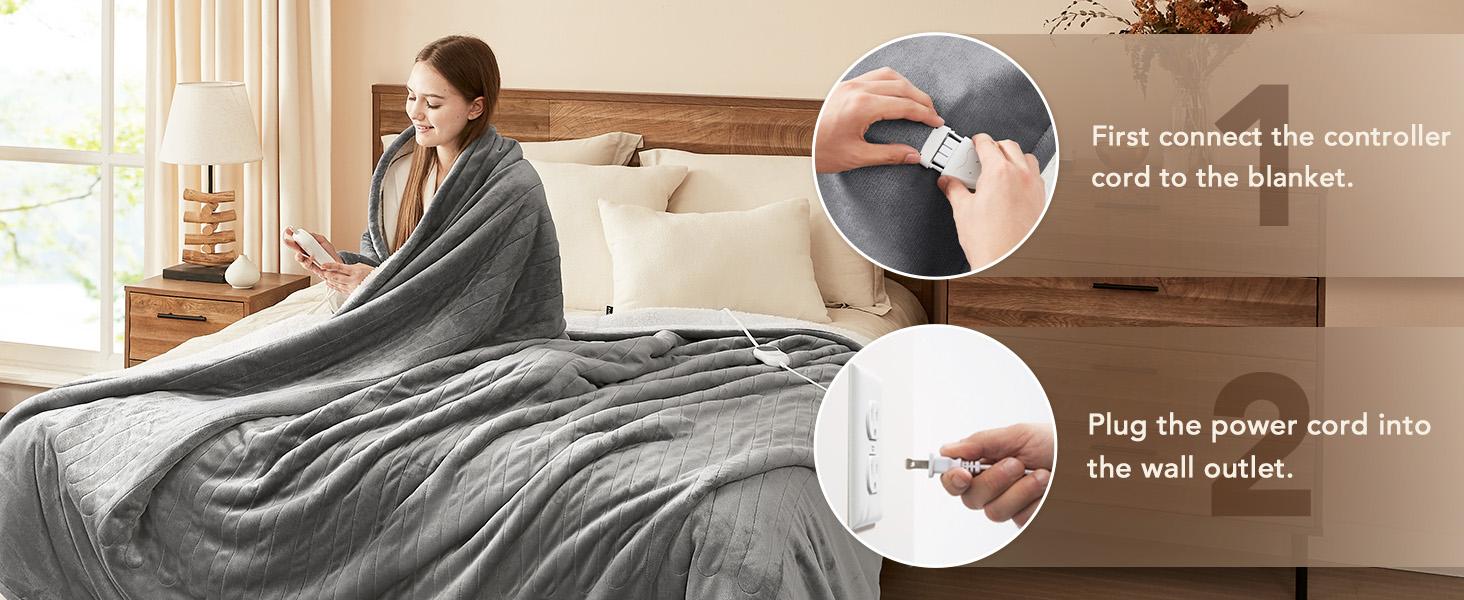 Homemate Heated  Electric Throw 1/2/4/6/8 Hours Auto-Off 10 Heat Levels Flannel Sherpa Over-Heat Protection NTC Technology ETL Certification coziest blanket Durable Household Items