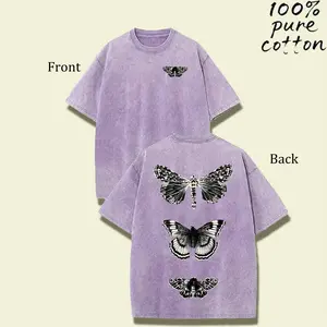 Women's Vintage Washed T-Shirt with Butterfly Print - Thick Soft Fabric, Loose Fit Round Neck Short Sleeve, Light Grey & Black Casual Summer Top, Machine Washable Everyday Tee Valentine's Day gift hooded sweatshirt festival gift round-neck sweatshirt