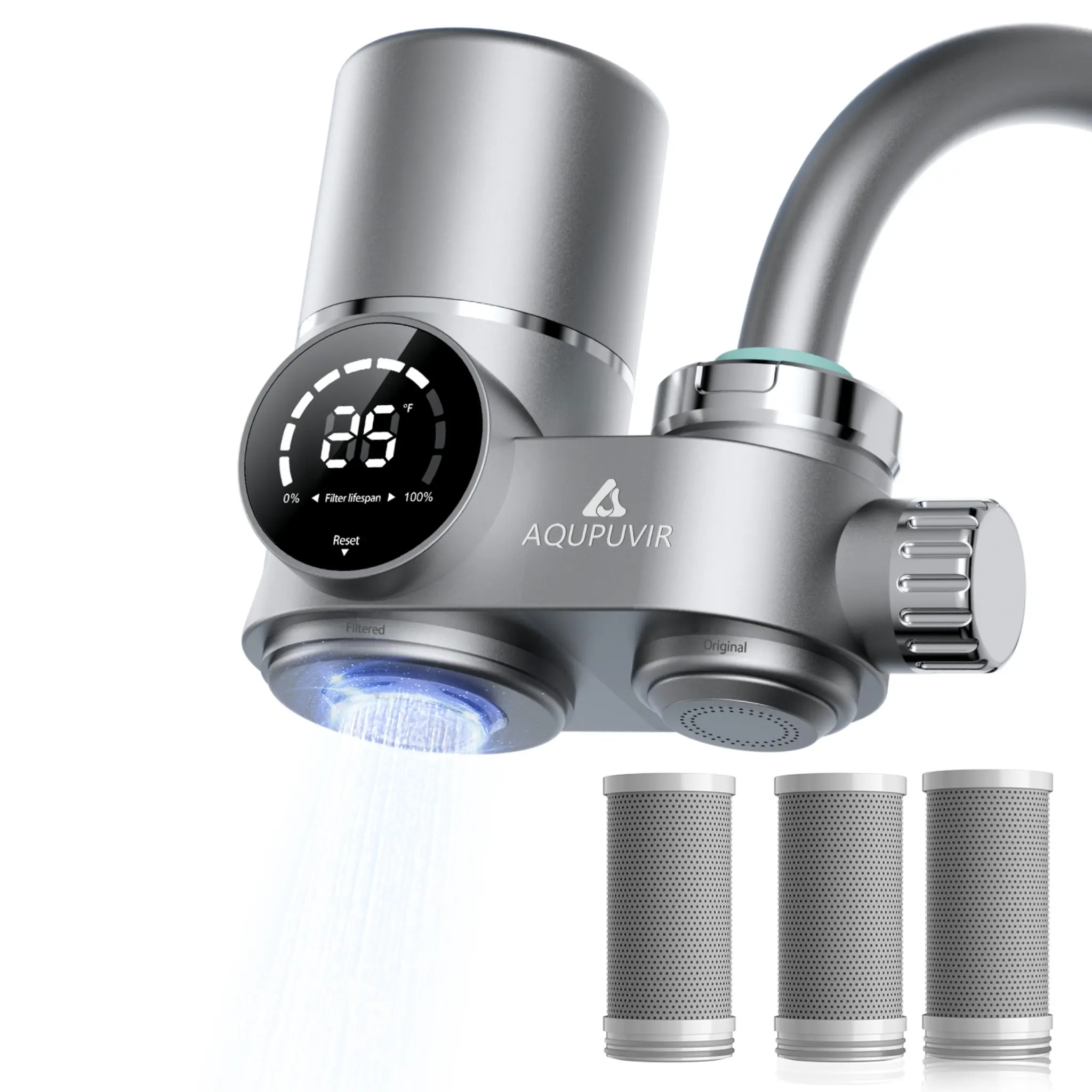 AQUPUVIR Faucet Water Filter + 3 Replacement Filters  Cleaner Water • Better Taste • Easy Home Upgrade LED Display Sink Water Filter