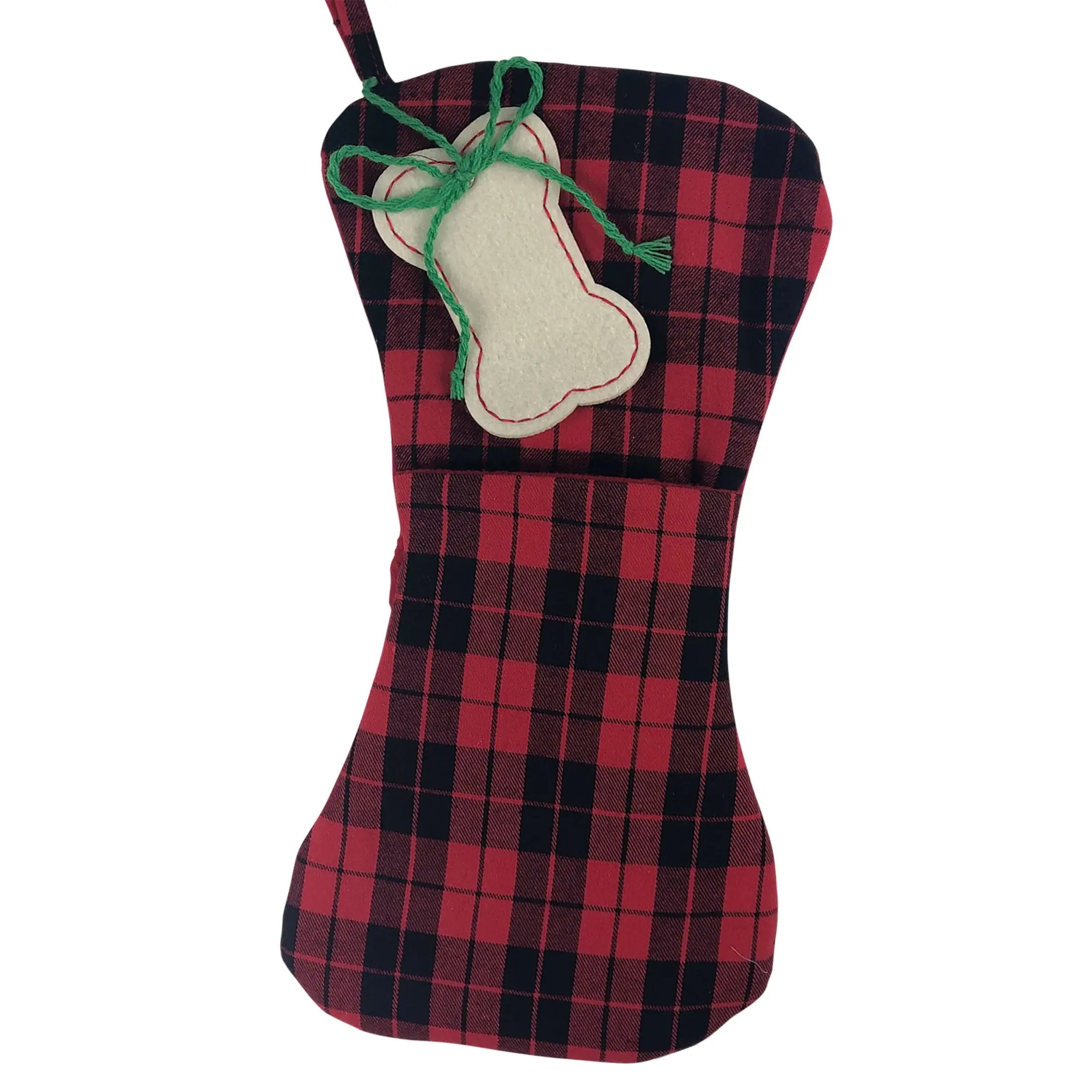 Giftsforyounow Red Plaid Dog Christmas Stocking With Bone Decoration  Rustic Pet Holiday Stocking