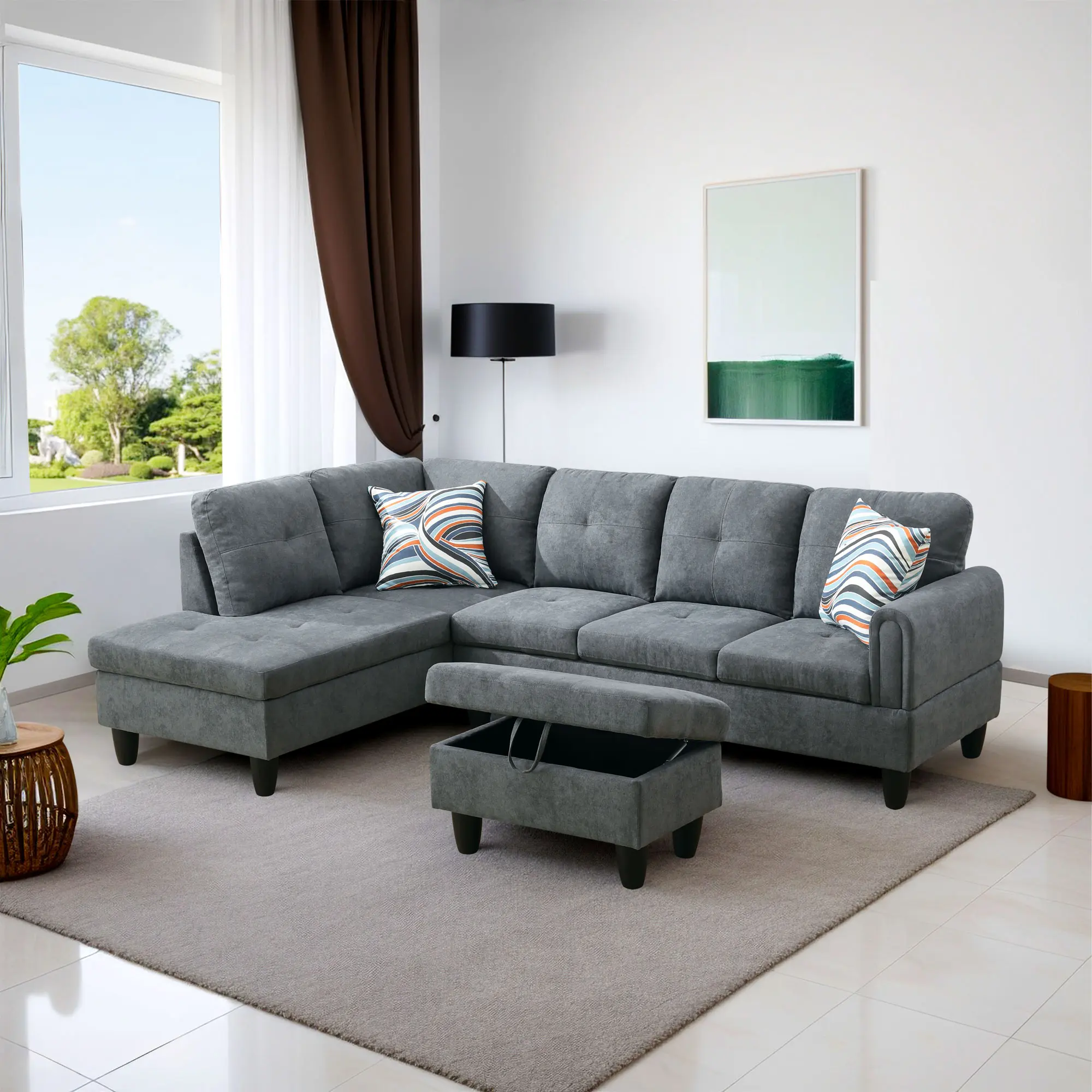 Dark Grey Fluffy Cotton L-Shaped Modern Upholstered Sofa Set, Sturdy Soft Cozy Warm Indoor Living Room Furniture, Assembly Required