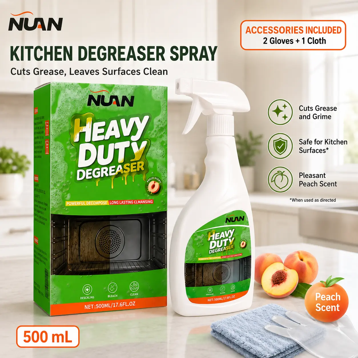NUAN Heavy Duty Spray Type Kitchen Cleaner - 500ml (17.6 fl oz) Single Bottle Household Degreaser, Indoor Use for Grill, Stovetops, Range Hood Grease Removal