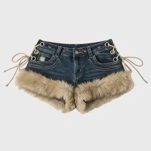 Women's Retro Y2K Low-Waist Slim Denim Shorts Fluffy Stitching Casual Summer Yoga Sport Shorts