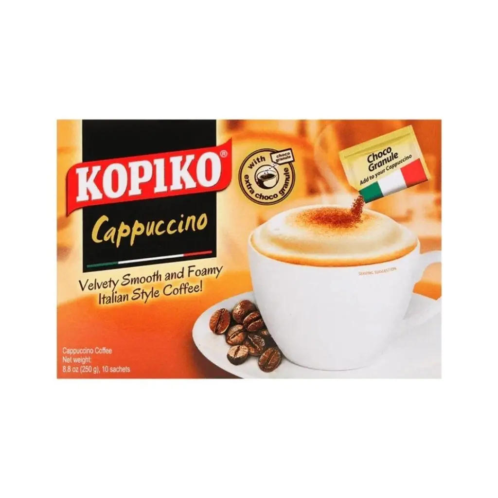Kopiko Creamy Cappuccino 3-in-1 Instant Coffee Packets - 25g x 10 Pack, Coffee Prep Mix with Café-Style Flavor, Fine Chocolate Granules, Noticeable Milkiness, Sweetness, Smooth Home & On-the-Go Drink Alternative