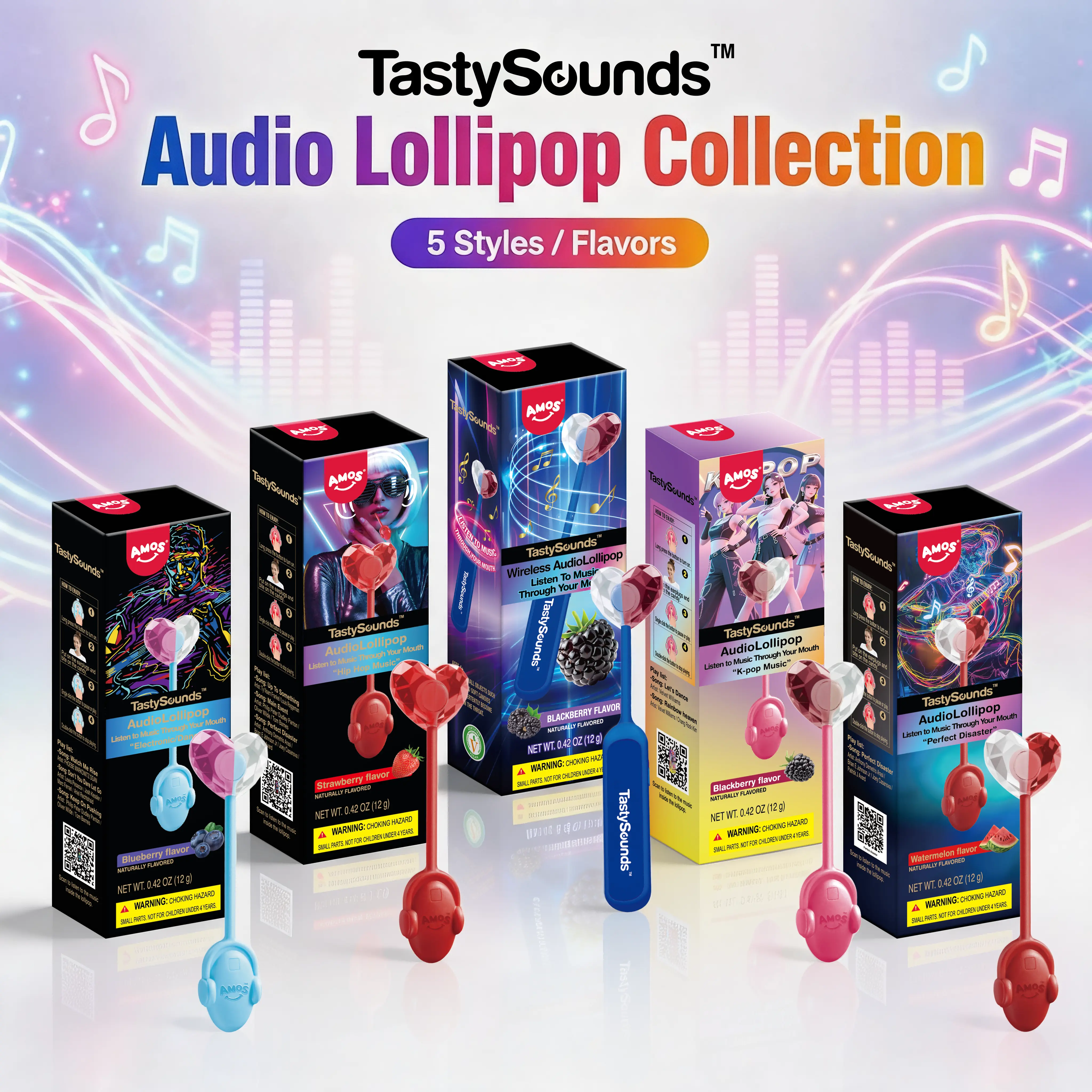 AMOS TastySounds Music Lollipops – Sugar-Free Heart-Shaped Candy with Bone Conduction Music Tech | K-Pop Inspired Strawberry, Blueberry, Watermelon & Blackberry