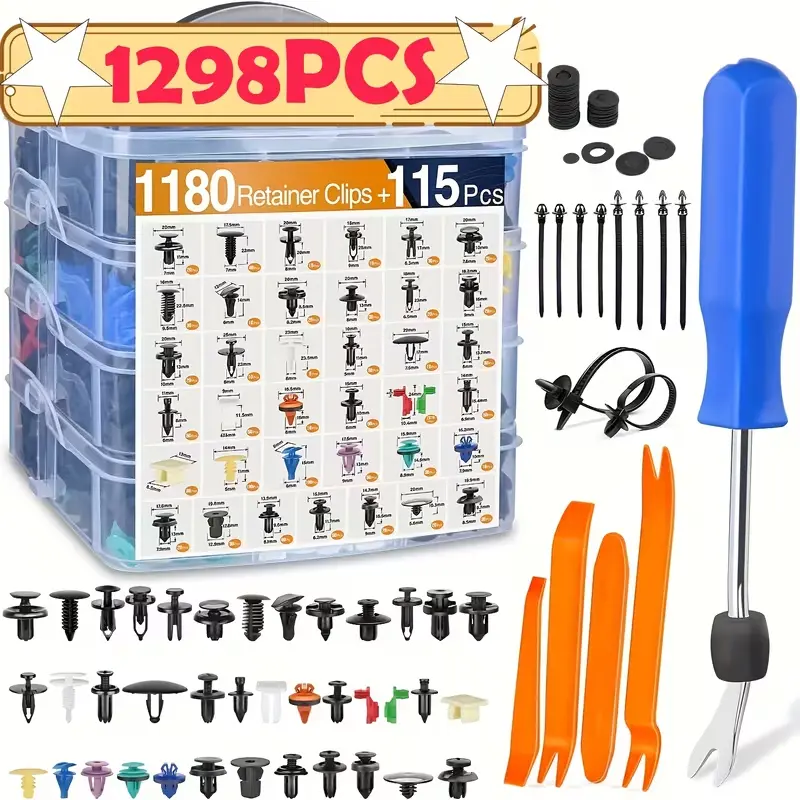 Automotive Multi-Size Car Retainer Clips Kit - Universal Fit Plastic Push Pins with Trim Removal Tools (113/115/725/928/1298Pcs) for Car/SUV DIY Repairs, Interior Fasteners Accessory